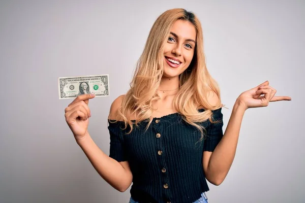 Young Beautiful Blonde Woman Holding Dollar Banknotes Isolated White Background — Stock Photo, Image