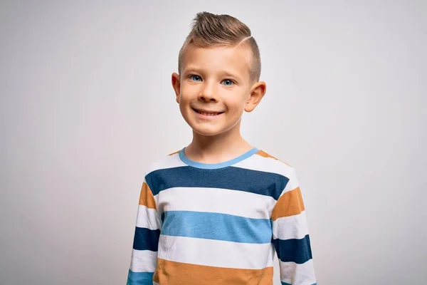 Young Little Caucasian Kid Blue Eyes Standing Wearing Striped Shirt — Stock Photo, Image