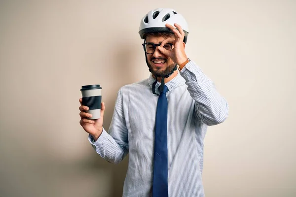 Jovem Empresário Usando Óculos Capacete Bicicleta Bebendo Xícara Café Com — Fotografia de Stock