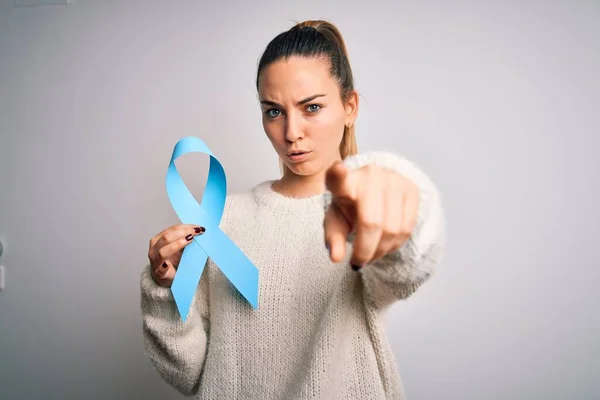 Young Beautiful Blonde Woman Holding Blue Cancer Ribbon Isolated White — Stock Photo, Image