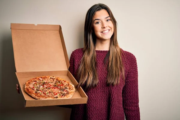 Young Beautiful Girl Holding Delivery Box Italian Pizza Standing White — Stock Photo, Image