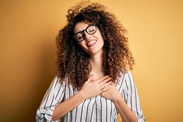 Young Beautiful Woman Curly Hair Piercing Wearing Striped Shirt Glasses — Stock Photo, Image