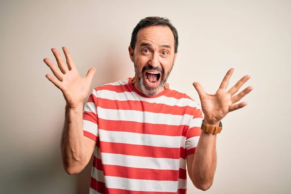 Middle Age Hoary Man Wearing Casual Striped Shirt Standing Isolated — Stock Photo, Image