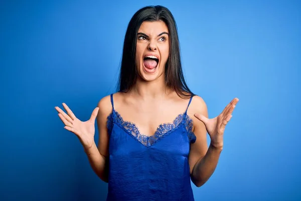 Young Beautiful Brunette Woman Wearing Elegant Comfortable Blue Lingerie Underwear — Stock Photo, Image