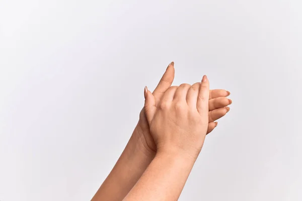 Mão Jovem Caucasiana Segurando Duas Mãos Juntas Aplaudindo Aplaudindo Para — Fotografia de Stock