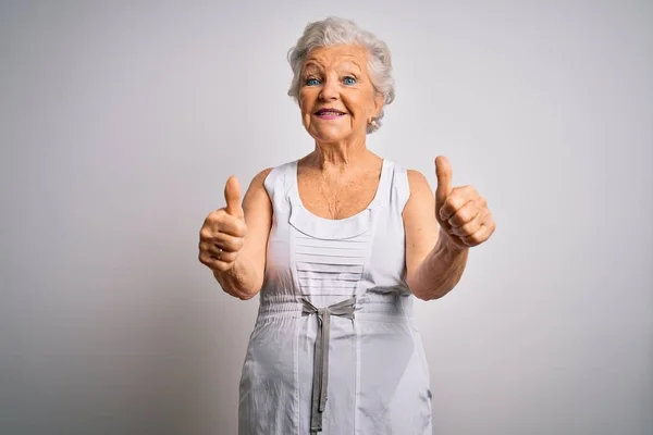 Senior Hermosa Mujer Pelo Gris Con Vestido Verano Casual Sobre —  Fotos de Stock