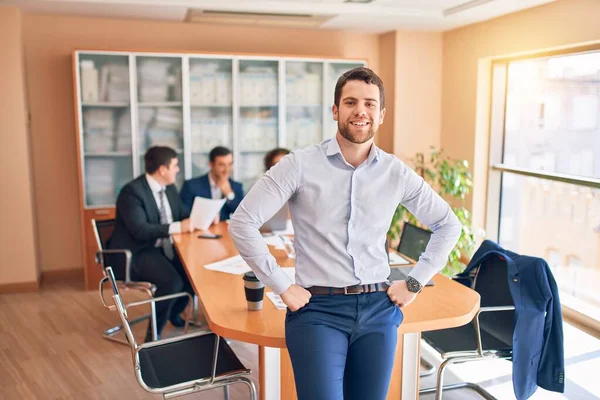 Business lawyers workers meeting at law firm office. Professional executive partners working on finance strategry at the workplace. Leader worker standing confident looking at the camera.