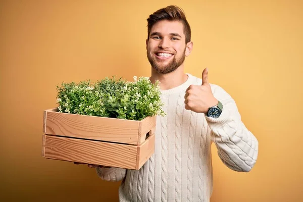 ひげと青い目を持つ若いブロンドの庭師の男は 大きな笑顔で幸せな植物と木製の箱を保持します — ストック写真