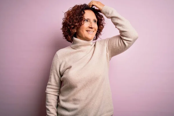 Middle Age Beautiful Curly Hair Woman Wearing Casual Turtleneck Sweater — Stock Photo, Image