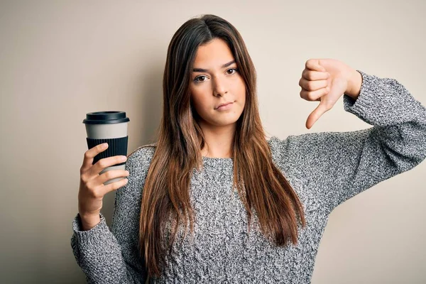 Young Beautiful Girl Drinking Cup Coffee Standing Isolated White Background — Stock Photo, Image