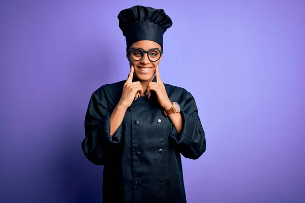 Young African American Chef Girl Wearing Cooker Uniform Hat Purple — Stock Photo, Image