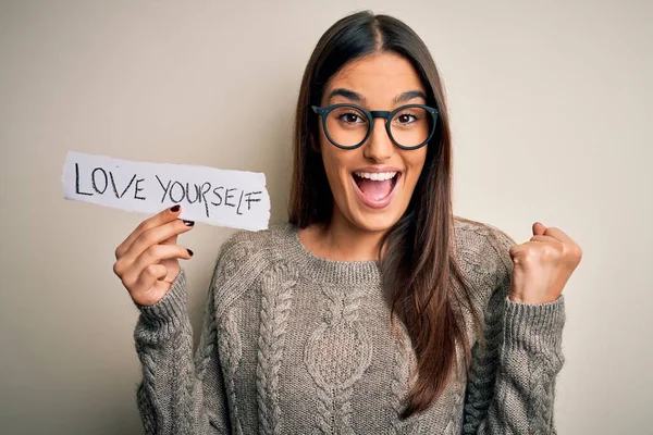 Young Beautiful Brunette Woman Wearing Glasses Holding Paper Love Yourself — Stock Photo, Image