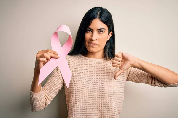 Junge Schöne Hispanische Frau Mit Brustkrebs Bewusstsein Rosa Schleife Mit — Stockfoto