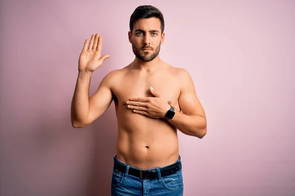 Young Handsome Strong Man Beard Shirtless Standing Isolated Pink Background — Stock Photo, Image