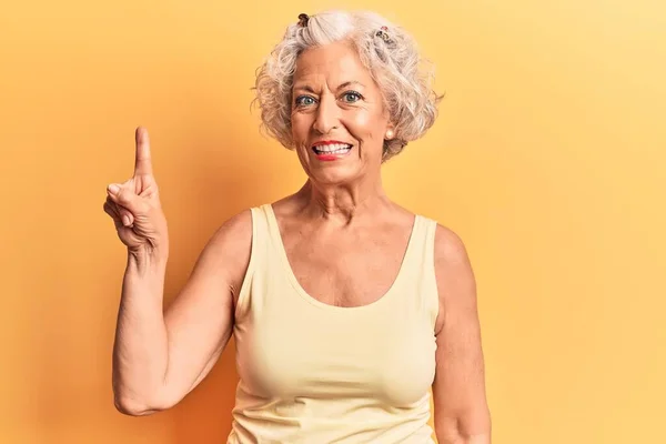 Senior Grey Haired Woman Wearing Casual Clothes Pointing Finger Successful — Stock Photo, Image