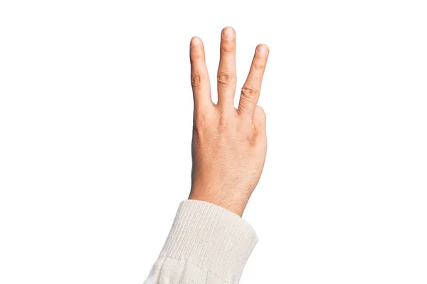 Рука Кавказского Юноши Показывает Пальцы Изолированном Белом Фоне Подсчитывая Номер — стоковое фото