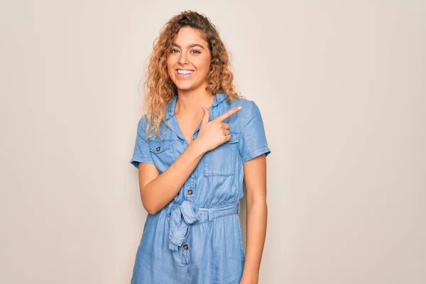 Young Beautiful Woman Blue Eyes Wearing Casual Denim Dress White — Stock Photo, Image