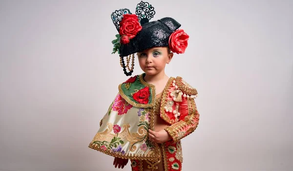 Young Little Caucasian Kid Girl Wearing Bullfighter Traditional Folkore Spanish — Stock Photo, Image