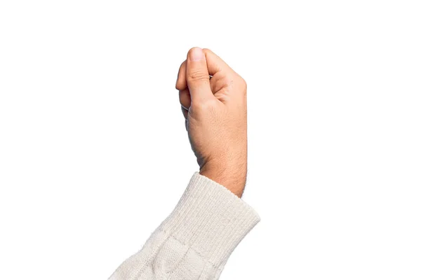 Ręka Kaukaski Młody Człowiek Pokazując Palce Odizolowanym Białym Tle Trzymając — Zdjęcie stockowe