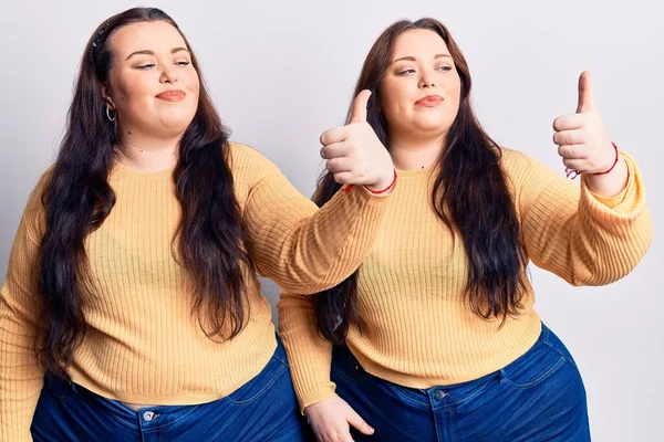 Young Size Twins Wearing Casual Clothes Looking Proud Smiling Doing — Stock Photo, Image