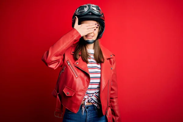 Jeune Belle Femme Motocycliste Brune Portant Casque Moto Une Veste — Photo