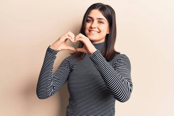 Young Beautiful Girl Wearing Casual Striped Shirt Smiling Love Doing — Stock Photo, Image