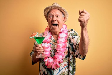 Beyaz saçlı, yaz şapkası takan ve Hawaii kolyesi giyen gururla kokteyl içen zafer ve başarıyı kutlayan heyecanlı, coşkulu, neşeli bir adam.