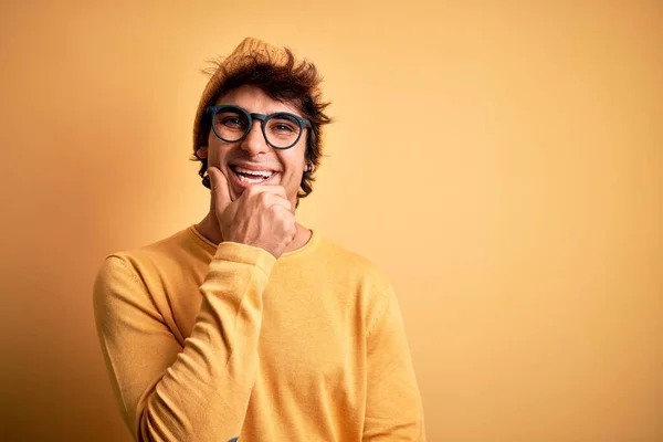 Young Handsome Man Wearing Casual Shirt Glasses Isolated Yellow Background — Stock Photo, Image