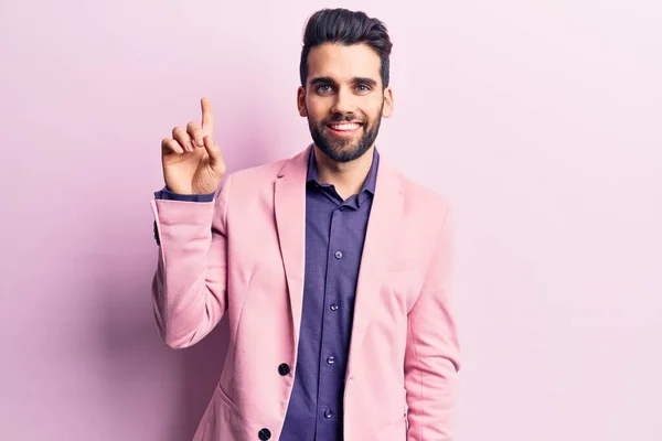 Young Handsome Man Beard Wearing Elegant Jacket Showing Pointing Finger — Stock Photo, Image