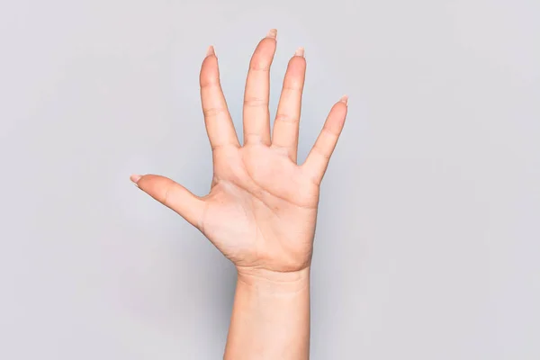 Hand Caucasian Young Woman Counting Number Showing Five Fingers — Stock Photo, Image