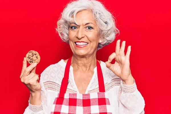 Starsza Siwowłosa Kobieta Fartuchu Trzyma Ciasteczko Robi Znak Palcami Uśmiechając — Zdjęcie stockowe