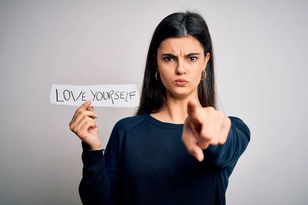 Young Beautiful Woman Asking Take Care You Holding Paper Love — Stock Photo, Image