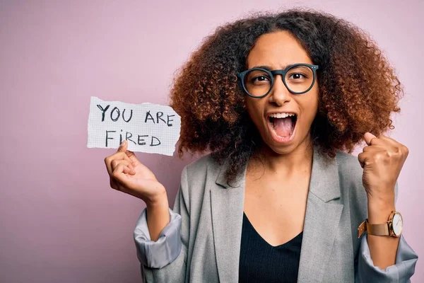 Young African American Woman Afro Hair Holding Paper You Fired — Stock Photo, Image