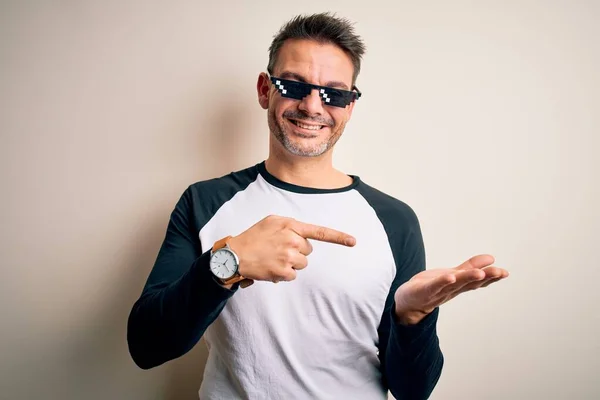 Young Handsome Man Wearing Funny Thug Life Sunglasses Meme White — Stock Photo, Image