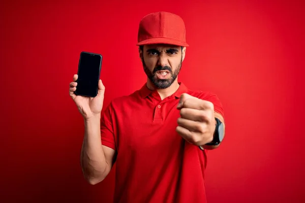 Young Handsome Delivery Man Beard Holding Smartphone Showing Deliver Food — Stock Photo, Image