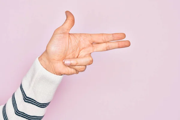 Hand Caucasian Young Man Showing Fingers Isolated Pink Background Gesturing — Stock Photo, Image
