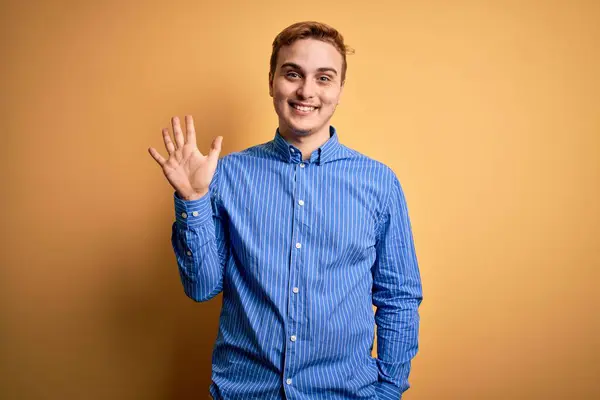 Young Handsome Redhead Man Wearing Casual Striped Shirt Isolated Yellow — Stock Photo, Image