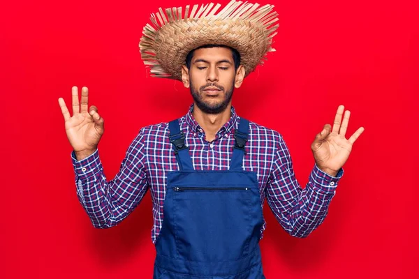 Νεαρός Λατίνος Άνδρας Φορώντας Καπέλο Αγρότη Και Ποδιά Χαλαρώστε Και — Φωτογραφία Αρχείου