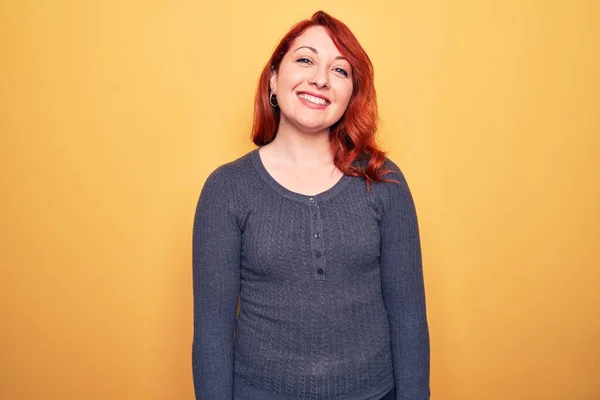 Young Beautiful Redhead Woman Wearing Casual Sweater Standing Yellow Background — Stock Photo, Image