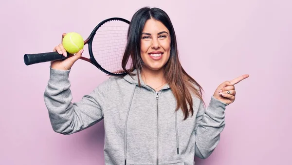 Young Beautiful Sportswoman Playing Tennis Using Racket Ball Pink Background — Stock Photo, Image