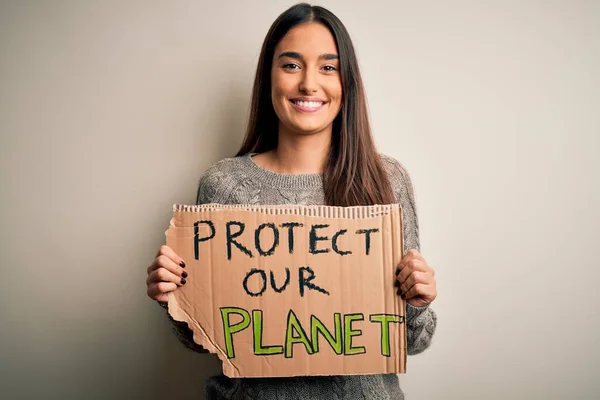 Jovem Bela Ativista Morena Protestando Para Proteger Nosso Planeta Segurando — Fotografia de Stock