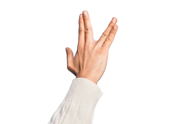 Hand Caucasian Young Man Showing Fingers Isolated White Background Greeting — Stock Photo, Image