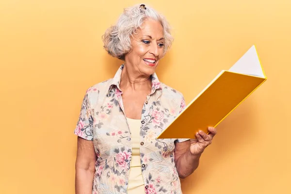 Senior Grey Haired Woman Holding Book Looking Positive Happy Standing — Foto de Stock