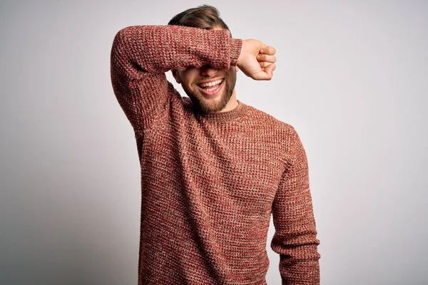 Young Blond Man Beard Blue Eyes Wearing Casual Sweater White — Stock Photo, Image