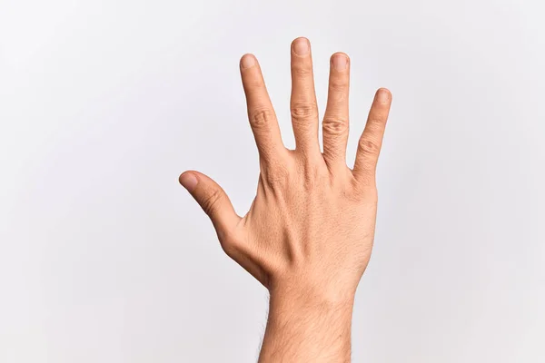 Hand Van Blanke Jongeman Met Vingers Geïsoleerde Witte Achtergrond Tellend — Stockfoto