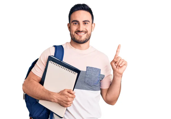 Jovem Bonito Homem Vestindo Estudante Mochila Caderno Surpreendido Com Uma — Fotografia de Stock