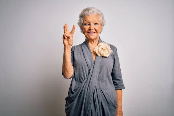 Senior beautiful grey-haired woman wearing casual dress standing over white background showing and pointing up with fingers number three while smiling confident and happy.