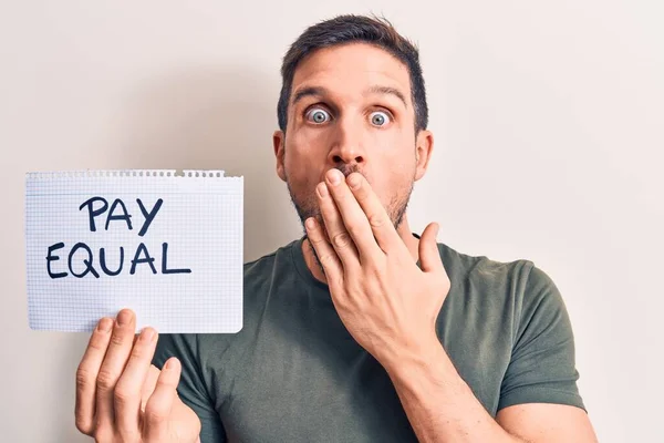 Young Handsome Man Asking Equality Economy Holding Paper Pay Equal — Stock Photo, Image