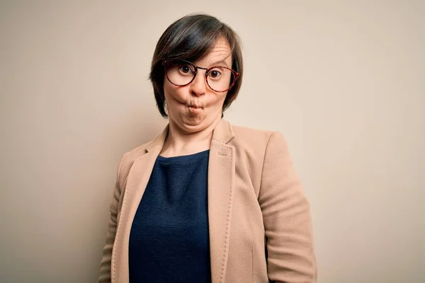 Young Syndrome Business Woman Wearing Glasses Standing Isolated Background Making — Stock Photo, Image