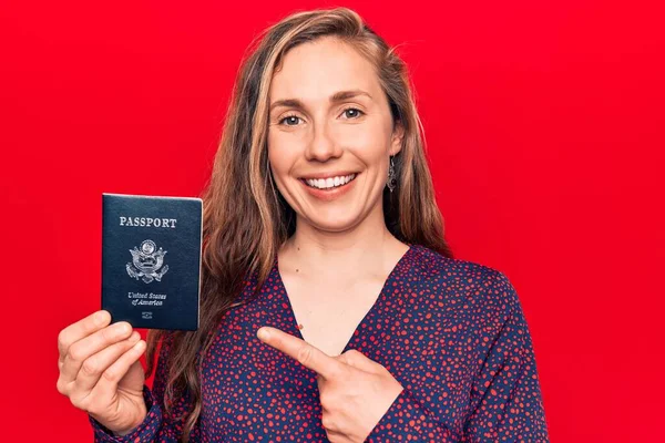 Young Beautiful Blonde Woman Holding Passport United States America Smiling — Stock Photo, Image